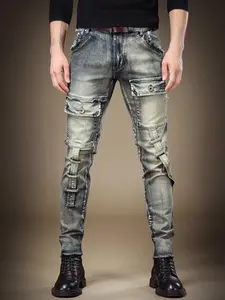 Streetwear fashion designer retro blue distressed men's jeans stretch slim fit small straight tube, streetwear outdoor casual men's pantsr