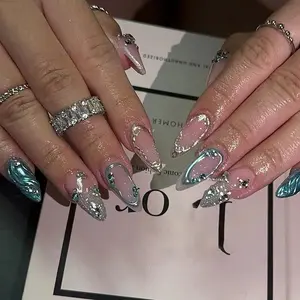 Stylish Beach Wave Gradient Glittering Fake Nails, Short Almond Shape 3D Water Wave Design Nail Art Design Press On False Nails, False Nails for Women & Girls, 24 Pieces