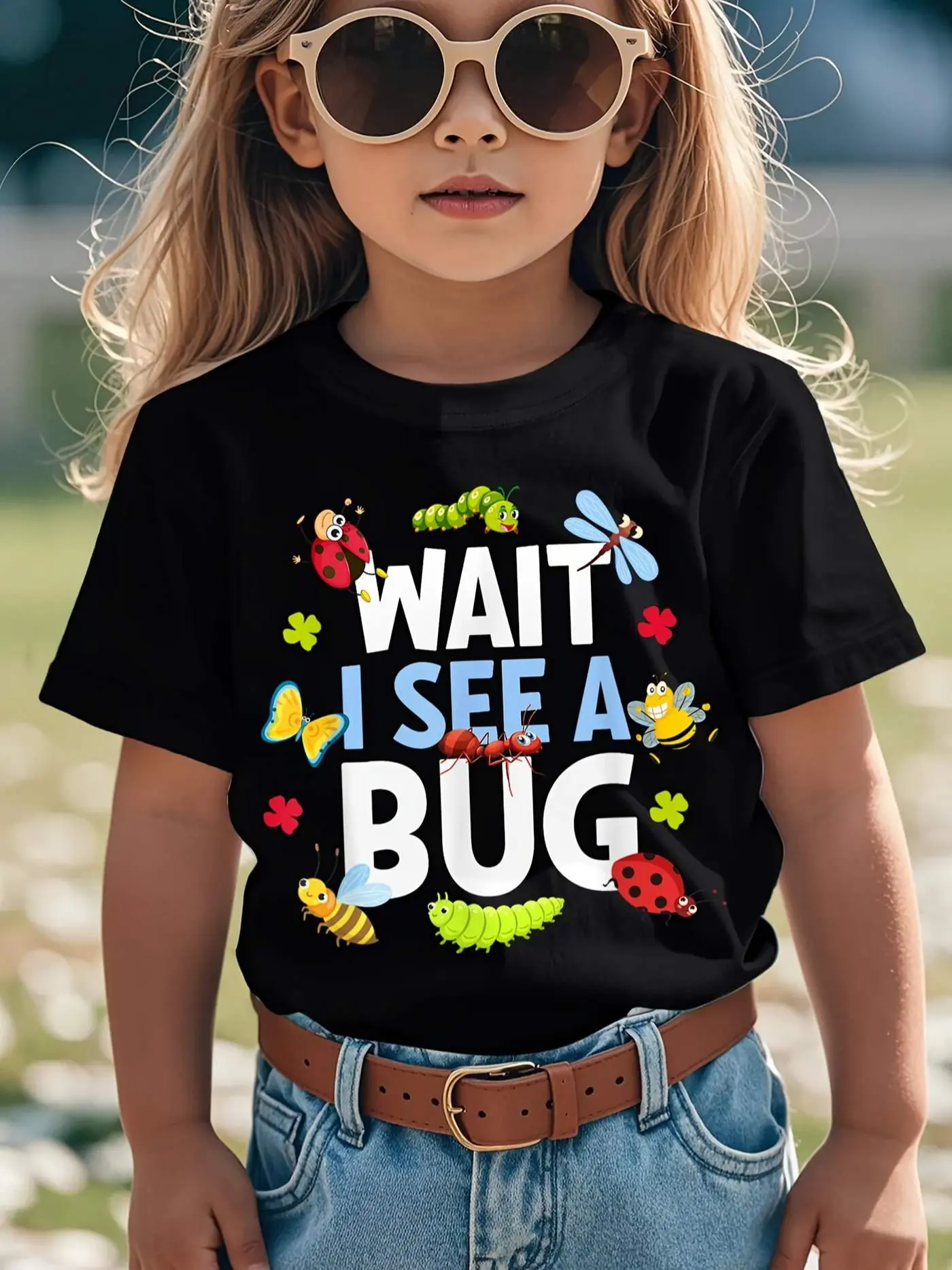 Wait I See A Bug Cute Insect Cartoon Kids T-Shirt, Bug Lover Nature Short Sleeve Cotton Black Girls Tee