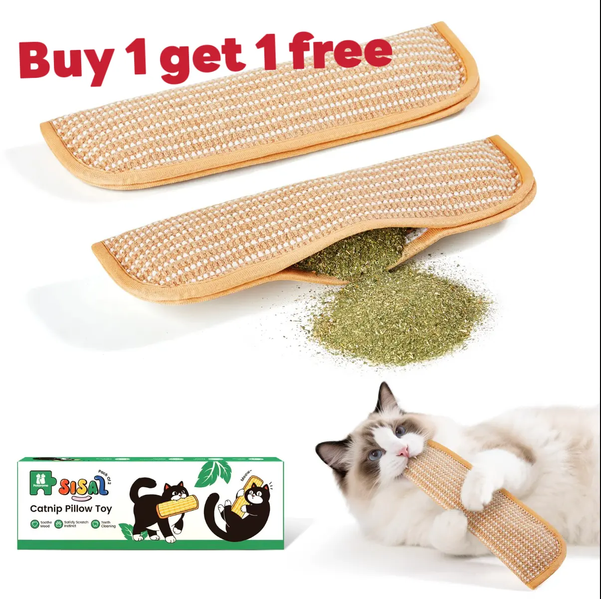 BUY 1 GET 1 FREE, 2-Pack Catnip Toys for Indoor Cats -13-Inch Catnip Pillows, Catnip Toys, Sisal Scratching Pad,Interactive Catnip Kick Toys for Anxiety Relief