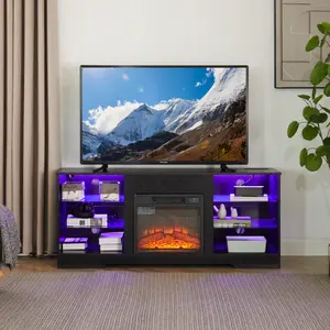 Fireplace TV Stand with 18" Fireplace, Electric Fireplace 3D Fireplace TV Console for TVs up to 65", LED Lights Wood and Glass Entertainment Center & USB Charging Outlet (Black)