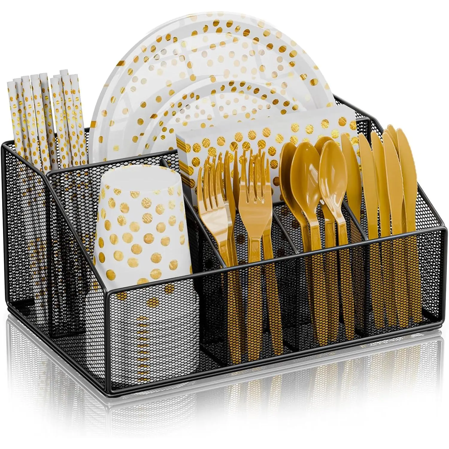 Metal Paper Plate Holder Dispenser, Disposable Paper Plate Utensils Holder for Party, Napkin Cups-Silverware Cutlery Holders Caddy for Kitchen Counter, Black