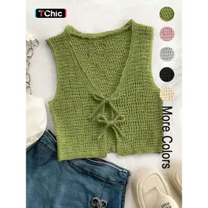 Women's Bow Tie Waist Knit Vest, Casual Fitted Short Outer Vest, Plain Design, Full Placket, Stylish Fashion TopRAIMENTRY