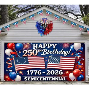 Happy 250th Birthday Patriotic Decorative Garage Door Cover 7x16ft, American Flags Balloons Backdrop for Veterans Anniversary Day Party Garage Wall Outdoor Party Supplies