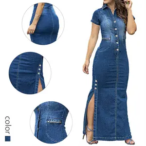 Sexy Bodycon Denim Dress with Side Slit – Vintage Button Up Maxi Jean Dress