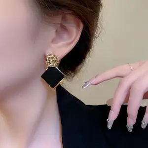 s925 silver needle black large diamond-shaped earrings for women DDES0427 geometric niche design new trendy fashion earrings 14KGold-Plated