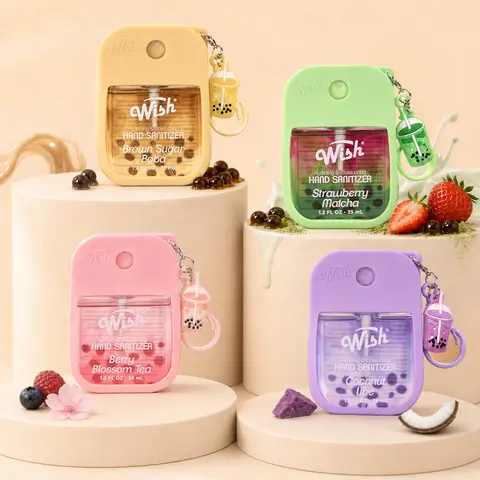 Wish Kawaii Boba Tea Hand Sanitizer Spray - Strawberry Matcha, Coconut Ube, Brown Sugar Flavors, Glycerin Hydrating, Mini Travel Clip Keychain Charm (1.2 fl oz*4) [Mini Travel Products Essential]