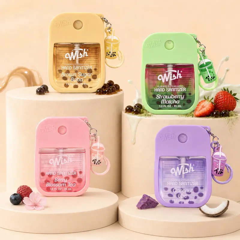 Wish Kawaii Boba Tea Hand Sanitizer Spray - Strawberry Matcha, Coconut Ube, Brown Sugar Flavors, Glycerin Hydrating, Mini Travel Clip Keychain Charm (1.2 fl oz*4) [Mini Travel Products Essential]