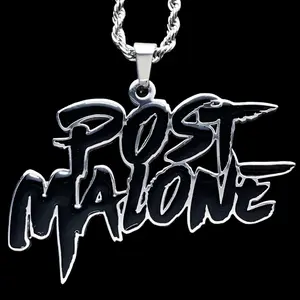 Black Malone Necklace 2" Mirror Polished Post Pendant Laser Carved Stainless Steel with Black Enamel Chain Posty Stoney Free Gift Included
