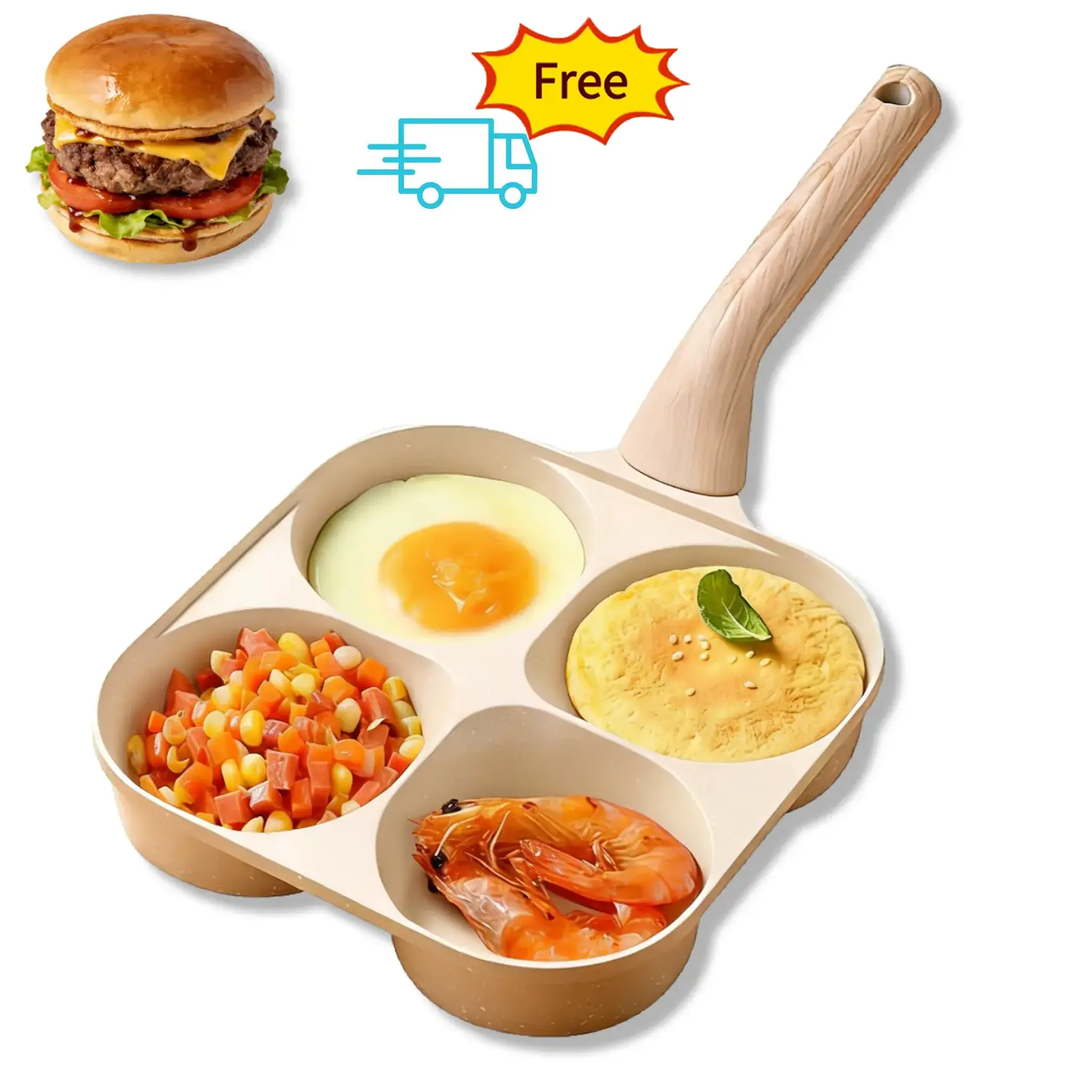 Non-Stick 4-in-1 Breakfast Pan for Frying Eggs, Hamburgers & Scrambled Eggs - Multi-Functional, Fast Heating, Durable, Easy Clean, Space-Saving, Eco-Friendly.Black/Beige