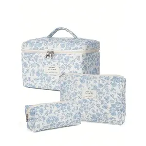 Women's Foam Quilted Makeup Bag with Flower Aesthetic Print Pattern, Travel Toiletries Organizer Bag