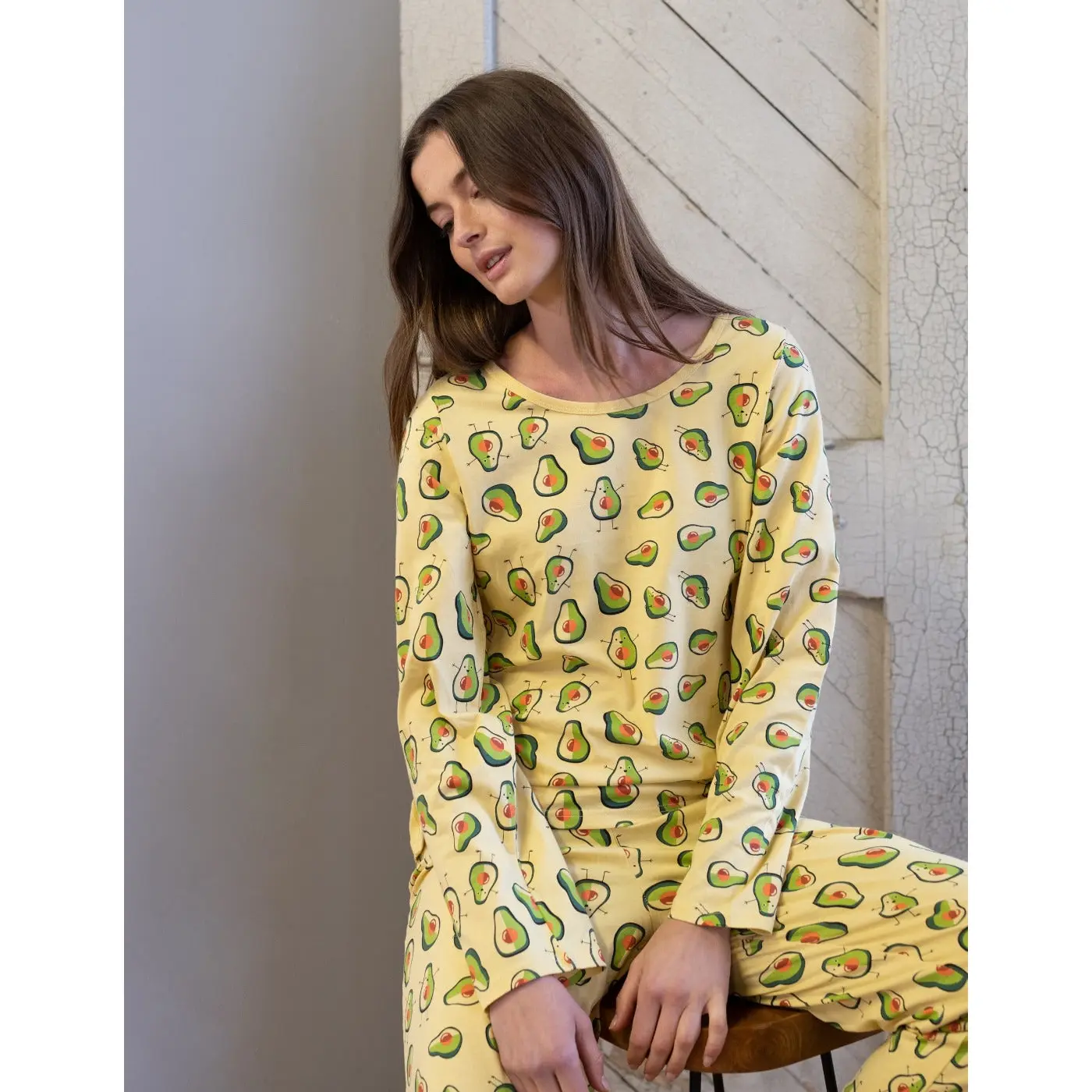 Womens 2pc Cotton Loose Fit Yellow Avocado Pajamas
