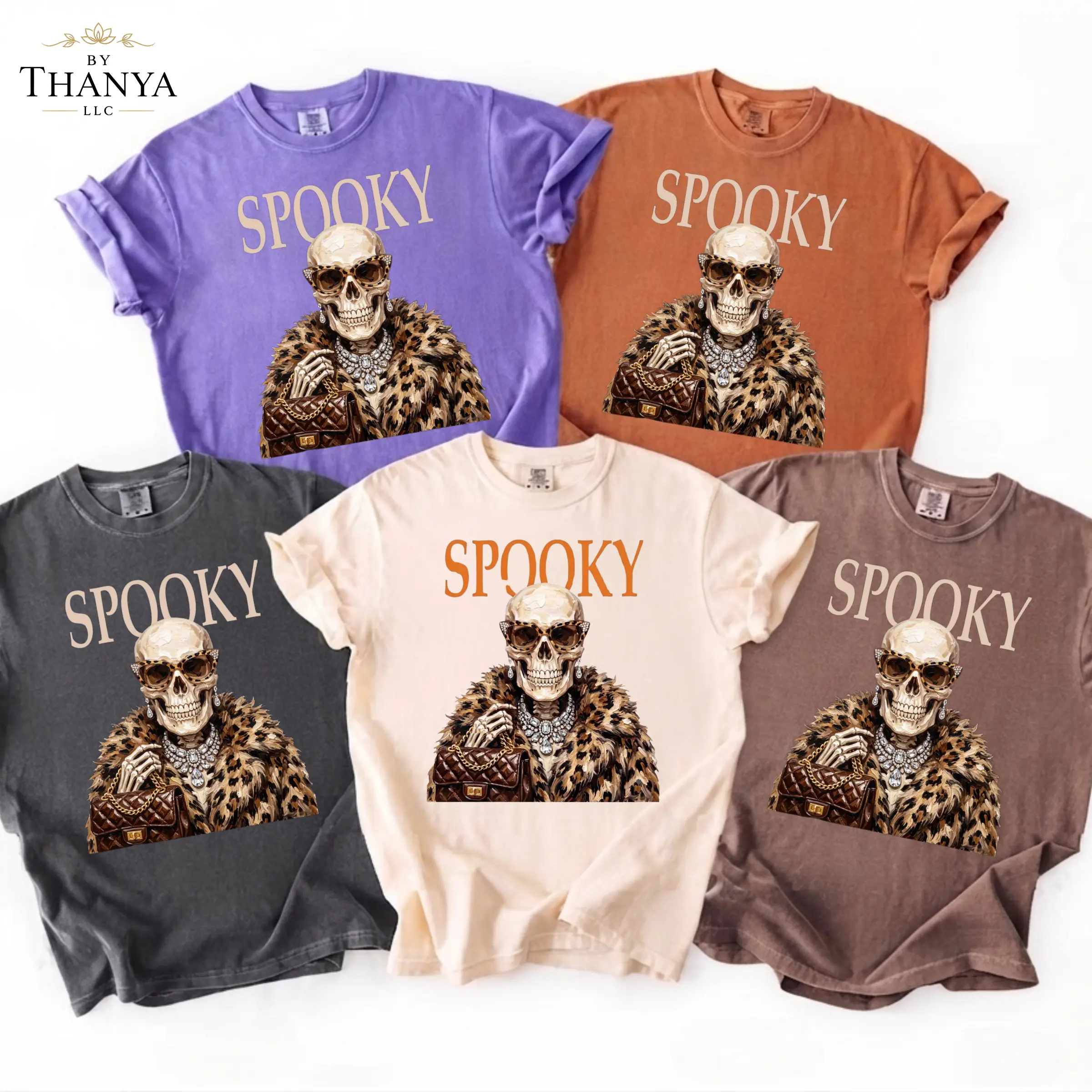 Funny Spooky Skeleton Comfort Colors Shirt, Halloween Fashion Skull Graphic Tee, Skeleton With Sunglasses And Le0pard Coat Print Shirt, Halloween Party Gift For Women - By Thanya LLC