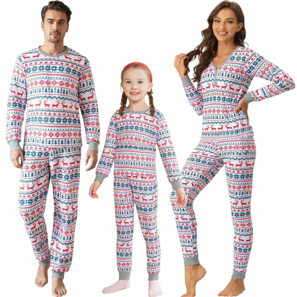 cheibear Women's Medium White 2-Piece Christmas Polyester Pullover Tops & Pants Animal Garment, Long Sleeve Sleepwear Loungewear Pajama Set