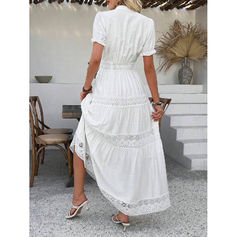 Women's Solid Color and V-neck Short-Sleeved Lace Skirt Dress White Dress for Summer 2025 Elegant Fabric Embroidery Fit High Waist Womenswear