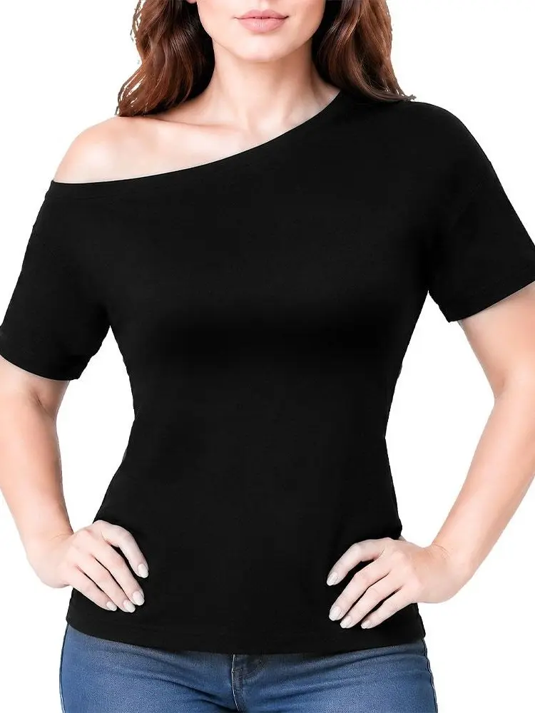 Women's Asymmetrical Off-Shoulder Short-Sleeve Baggy Breathable T-Shirt - Women's Tops for Casual Summer, Basic Daily Wear, Valentine's Day, Shortsleeve, Everyday