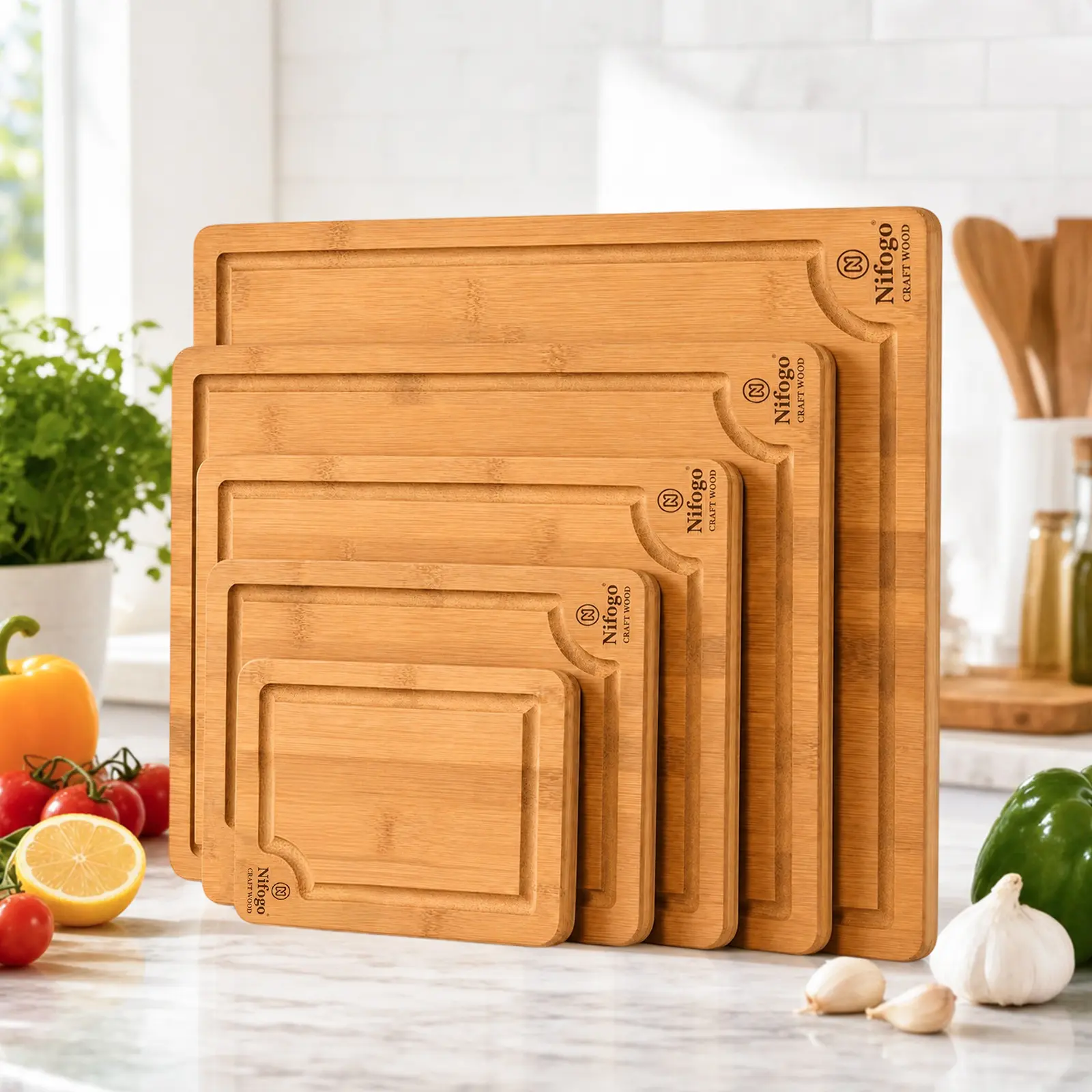 Nifogo Natural Bamboo Cutting Board Full Set, Multisize, Deep Juice Groove, Double-Sided, Non-Slip, Anti-Bacterial, Durable, Odorless Camp Kitchen Tool for Camping & Hiking, Sustainable, Hiking / Light Outdoor, Chopping Board