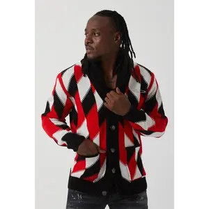 Men’s Red & Black Knit Shawl Collar Cardigan – Bold Button-Down Sweater