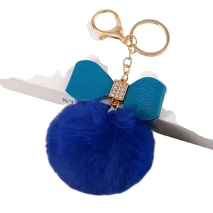Cute Rhinestone Bowknot Keychain Bulk Faux Fur Ball Key Rings for Women Girls in Assorted Colors Soft Stylish Versatile