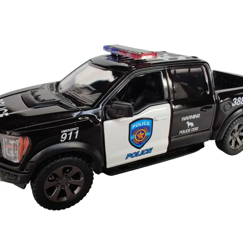 KINSMART 1:46 Scale 2022 Ford F-150 Raptor Police Pickup Die Cast Metal & Plastic Model Car with Pull Back & Go Action Door Openable Black Color