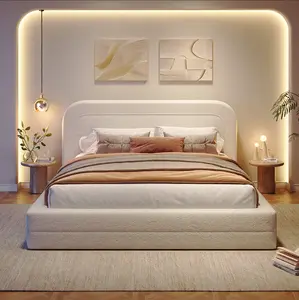 Raybee Cloud Bed Frame for King/Queen/Full with Ultra-Soft Boucle Upholstered Headboard, Anti-collision Round Corner Soft Frame Marshmallow Bed Frame with Box Spring, Cushioned Bed Frame for Bedroom, Guestroom, Hotel Durable Metal Slats Holds 990lbs Beige