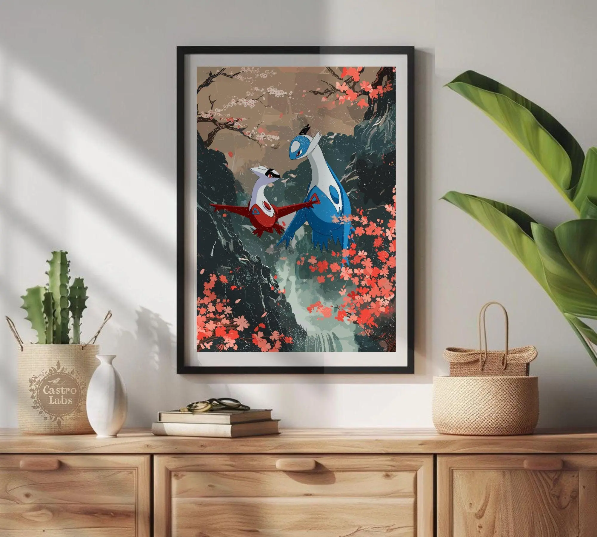 Latias and Latios Poster, Japanese Style Legendary Anime Artwork, Unframed Bedroom Decor Wooden Wall Art Wood Grain Print
