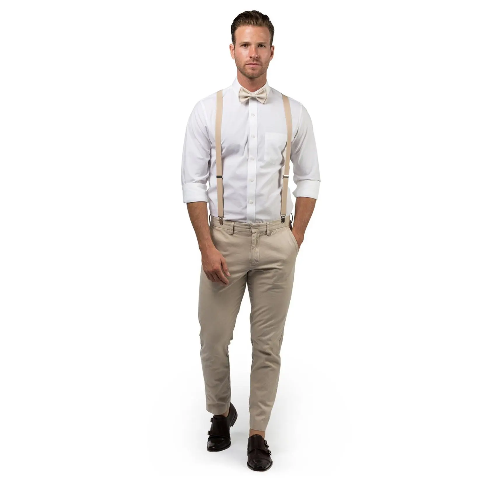 Beige Suspenders & Cream Bow Tie