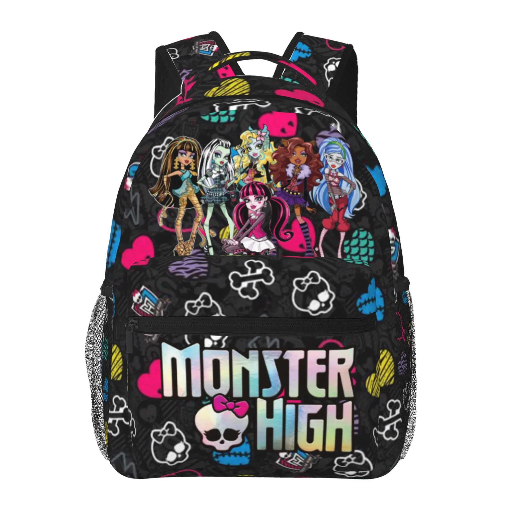 Monster High Character Printed Kawaii Youth Backpack - 15.7in Lightweight School Girls Daypack with Zipper, Durable Fabric Back to School Bag for Teens, Multi-Function Casual Work & Travel Backpack