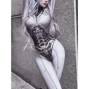 Bodysuits with female robot/android prints, zip-back bodysuits, themed event and casual wear, exaggerated bodysuits, gothic bodysuits, short-sleeve loose bodysuits, futuristic bodysuits, Halloween bodysuits, cyberpunk costumes, gamer costumes