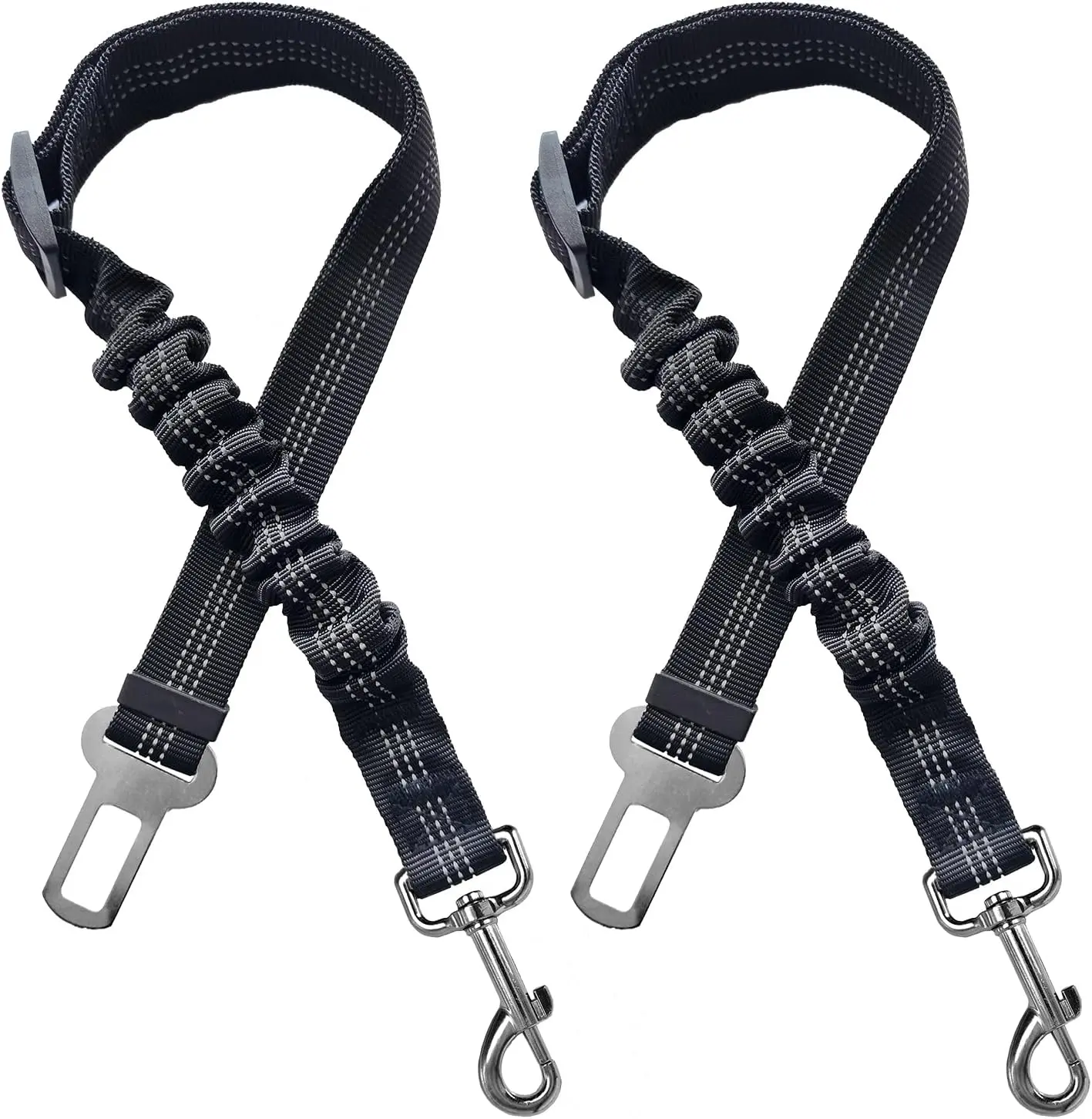 Dog Friendly Co. Adjustable Dog Car Seat Belt, Anti-Shock Bungee Pet Vehicle Safety Leash, Universal Heavy Duty Seatbelt Clip, High Visibility Reflective Black Dog Travel Restraint for All Breeds