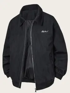 Men's Casual Zip Up Jacket with Logo Lightweight Oversized Fit Stand Collar Black Outerwear for Spring Fall