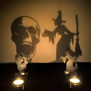 Halloween Fun Candle Holder Shadow Tabletop Creative Decoration Piece Set with Skull and Witch Silhouette