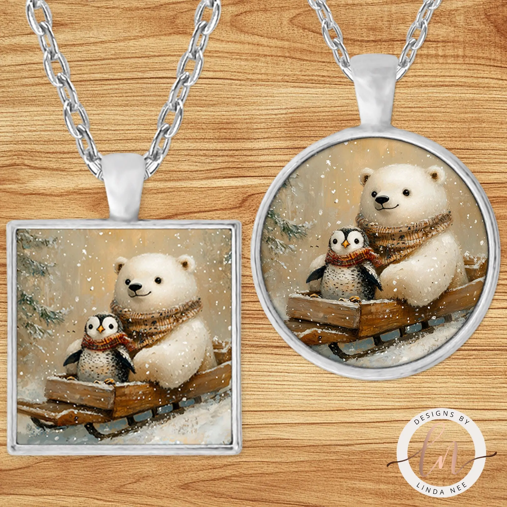 Polar Bear & Penguin Sled Pendant Necklace