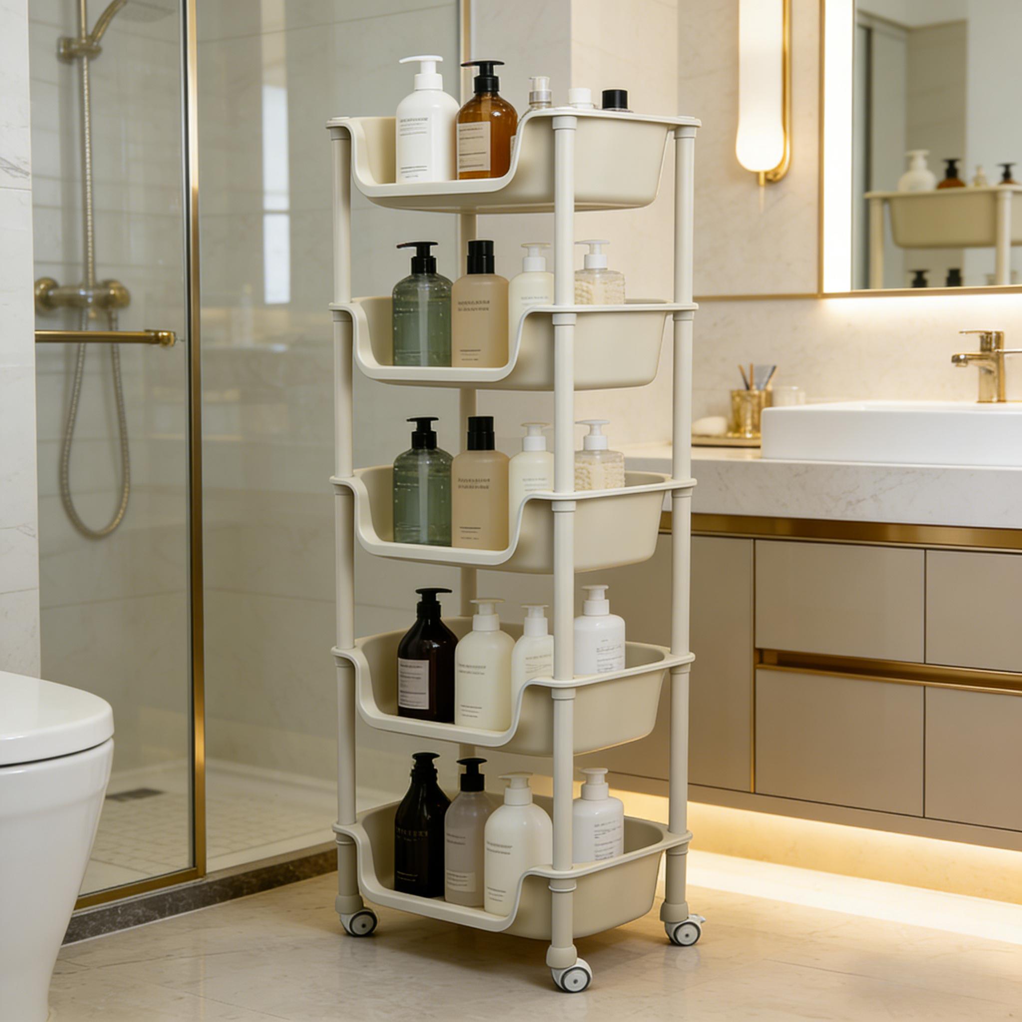 Multifunctional Multi-Layer Plastic Storage Cartwith Wheels, Layered Shelf Organizer for BedroomKitchen Bathroom Living Room, AdjustableStanding Shelf Suction Cup Sponge Holder for Kitchen Sink semiannual sale 2025 easy install kit glove clip cas oz sce