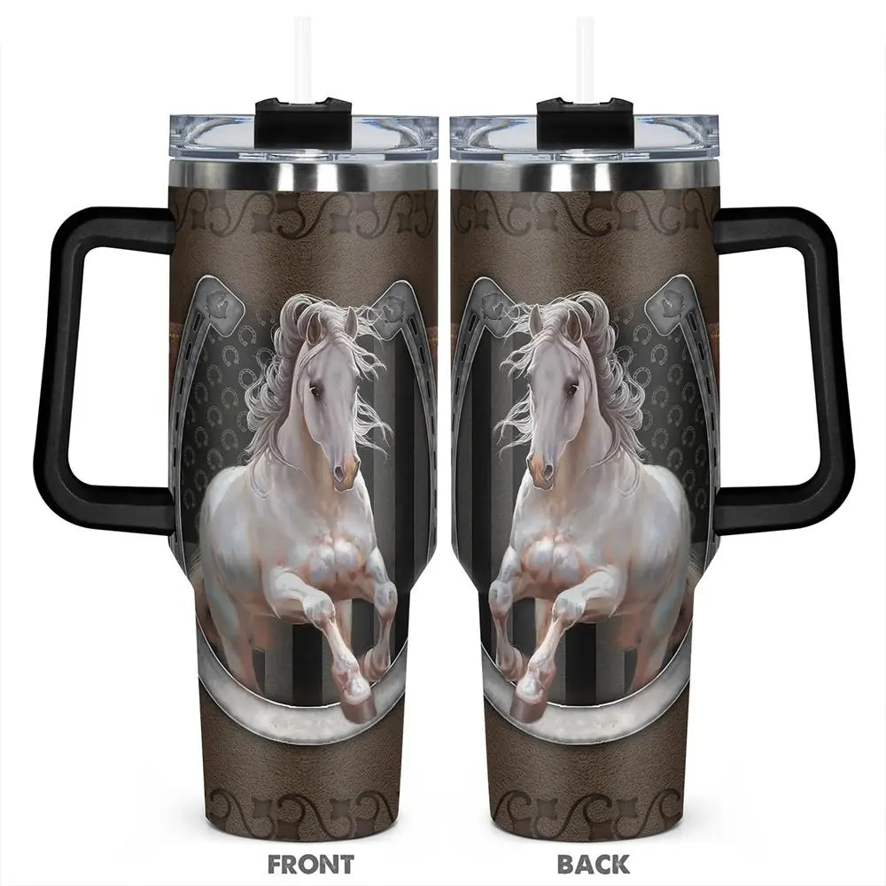 40oz Vacuum Insulated Tumbler, 1 Count Stainless Steel Cup with Handle, Insulated Water Bottle, Hydration Tumbler, Tumbler Reusable Cup, Durable, Funny Print, Perfect Gift for Horse Lovers and Equestrians, Insulated Cups, Drinkware