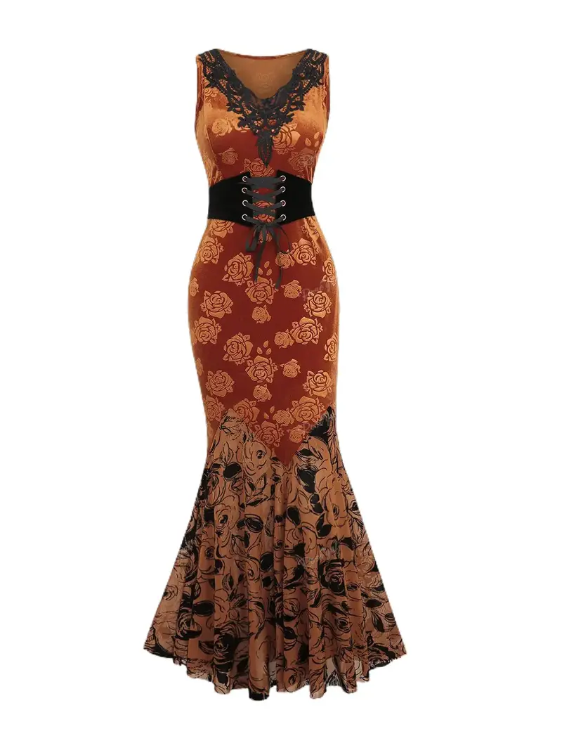 brown gothic dress The Others- Baroque Skull- French Gothic V Neck Slip Dress in Midnight –  The Photographist Home main image 0