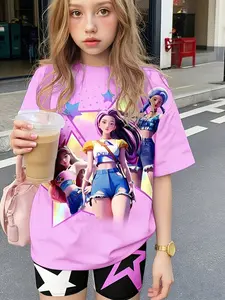 K-Pop Girl Group Print Set, T-Shirt + Star Cycling Shorts, Cute Sweet and Spicy Two-Piece, Slim-Fitting Suit