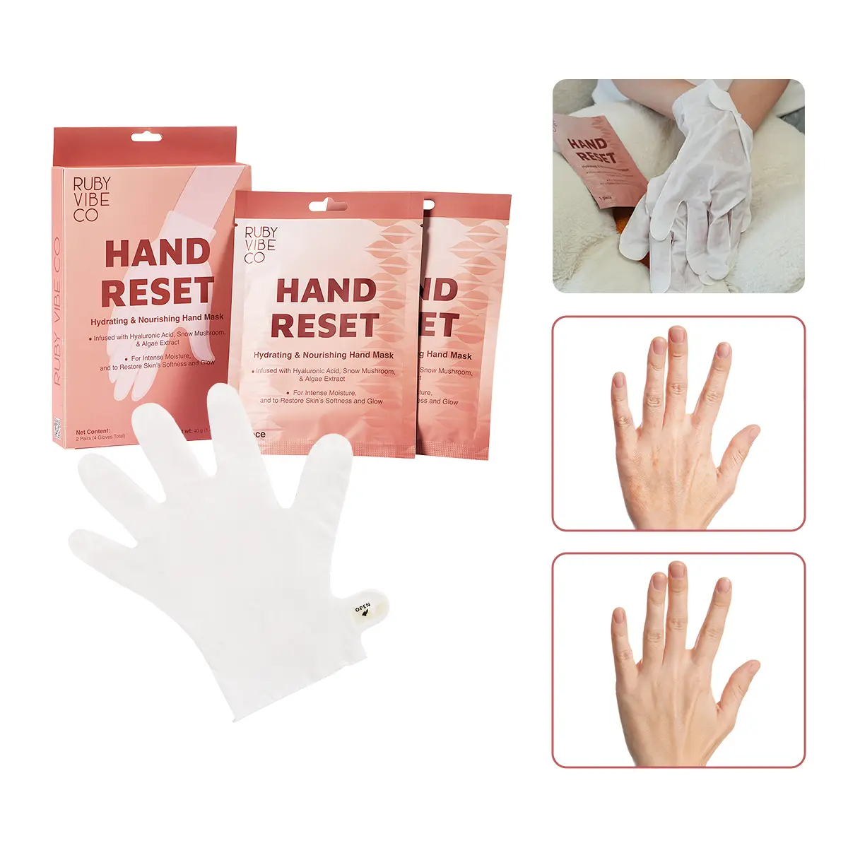 RUBY VIBE CO Hand Reset Moisturizing Gloves - 2 Pairs Hydrating & Nourishing Hand Mask for Dry Skin and Hand Care, Moisturizing Hand Mask Gloves