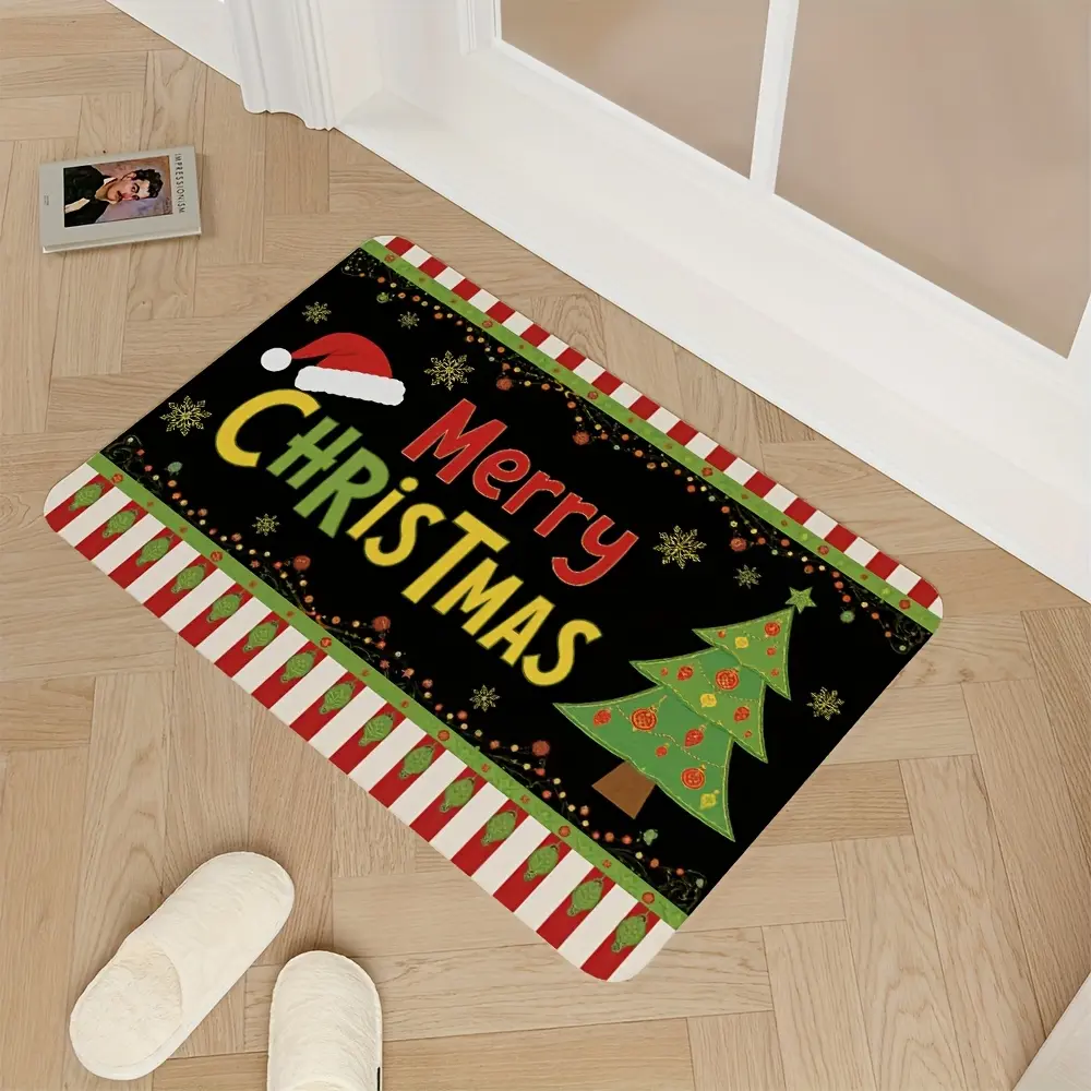 Traditional "Merry Christmas" Tree Runner Bath Mat, Durable Absorbent Skid-Resistant Rubber Quick-Dry Bathroom Floor Mat for Kitchen Sink, Laundry Room, Bath Mats