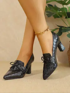 Women's Bow Decor High Heel Single Shoe, Thick Heel Pointed Toe Stone Pattern Deep Mouth Slip-On Waterproof Dress Formal Shoes Slip On Pumps for Autumn Winter Outdoor Wear