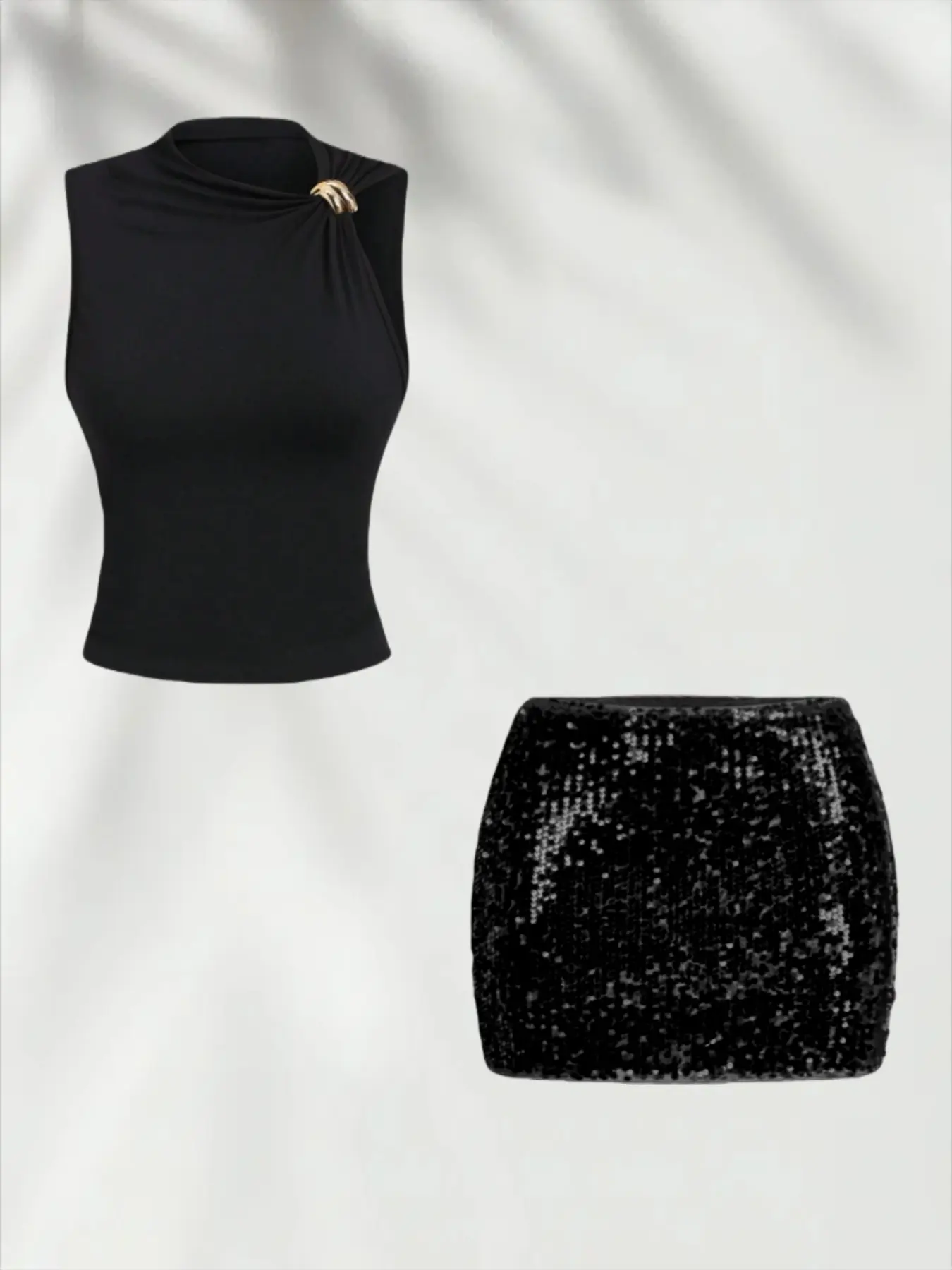 Elegant Sleeveless Round Neck Metal Buckle Design Slim Fit Solid Color Top Sequins Sparkling Bodycon Short Skirt Two Piece Set