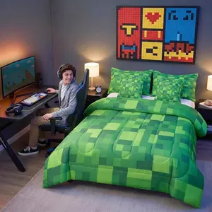Pixel Theme Comforter Set with Sheets for Kids Boys Girls Geometric Square 7 Pieces Bedding Set Gamer Bed in a Bag Mosaic Room Decor Green Soft Lightweight Microfiber