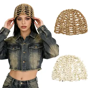 AWAYTR Y2K Women's Summer Glitter Sequin Beanie Boho Hollow Out Crochet Hat for Beach Travel Party