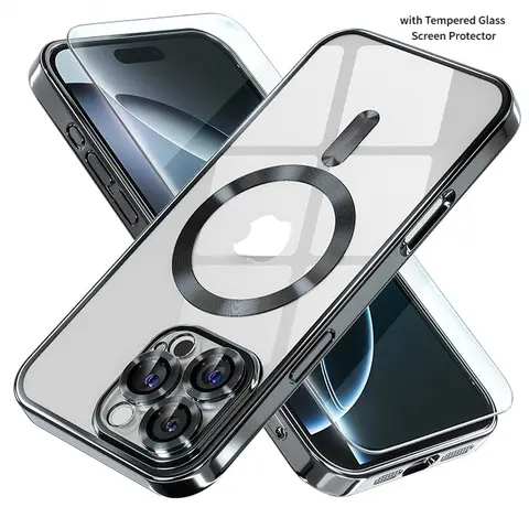 Magnetic Phone Case for iPhone 18 Pro Max 18 Pro 17 Pro Max 16 15 14 13 Pro Max Plus Case with 1PC Tempered Glass Screen Protector, Full Lens Protection Shockproof, Clear & Anti-Yellowing  casing Built-in Magnetic Suction & Wireless Charging Compatible
