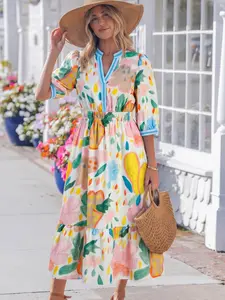 Women's Multicolour Floral Print Striped Trim V-Neck Half Sleeve High Waist Casual Maxi Dress