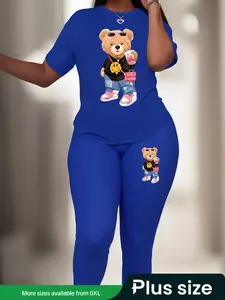 【Plus Size】 Two-Piece Set Cartoon Bear Print Drop Shoulder Round Neck Tee & High Waist Skinny Pants Set, Casual Fashion Cozy Breathable Outfits for Daily Outdoor Wear, Women Clothing for Summer