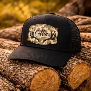 Custom Name Hunting Trucker Hat, Personalized Deer Antler Patch Cap, Camo Leather Patch Hat for Men, Buck Hunting Gift, Outdoor Snapback Hat, Rustic Hunter Hat