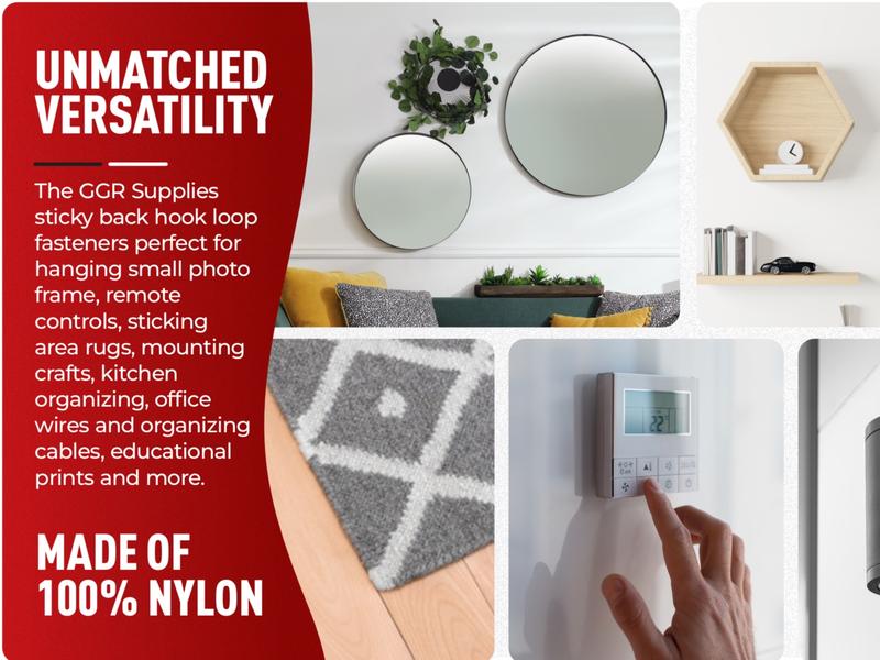 VELCRO Convenient and Strong- Sets of Hook and Loop Nylon Fastener Strips with Heavy-Duty Adhesive Backing for Damage-Free Mounting in Home or Office.