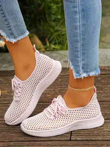 Breathable Mesh Sport Shoes, Colorful Cut-Out Design, Lightweight Casual Outdoor Wear, Women's Textile Upper, Rubber Sole
