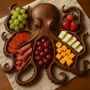 Ocpus-Shaped Charcuterie Board Recycled Wood Serving Tray with Tentacle Compartments &Serrated Edges for Cheese Meats Fruits Food-Safe Kitchen Dining Decor Functional Art Piece for Parties Home Entertaining  Giftable Design Food Presentation Plates Wooden